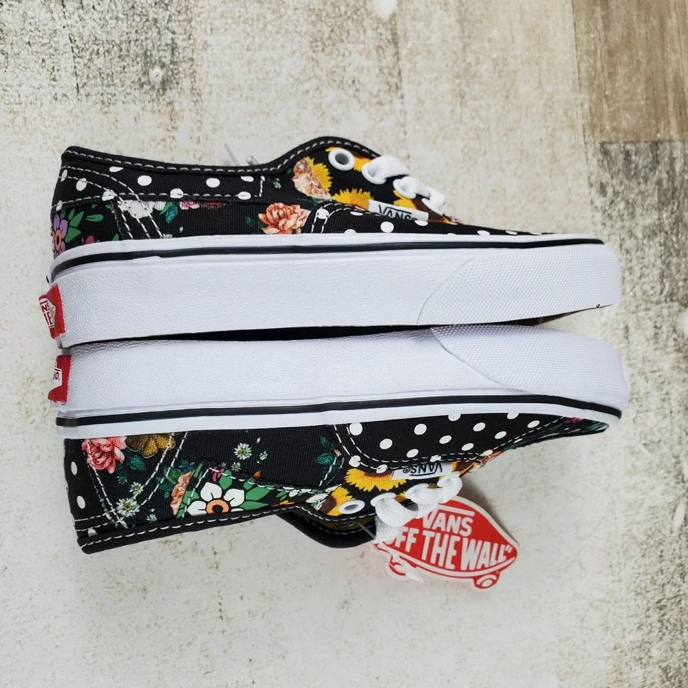 Vans Authentic Kids Shoes Sz 12 Black Yellow Sunflower Patchwork Print Sneakers